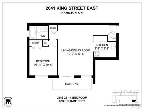 Floor plan for 1 bed, 1 bath, 650 sqft